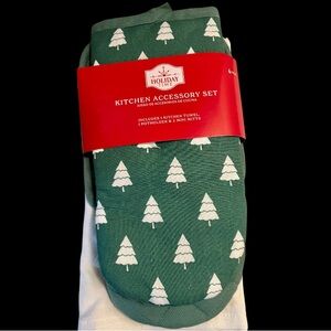Holiday Time  Green and White Tree 4 Piece Kitchen Set